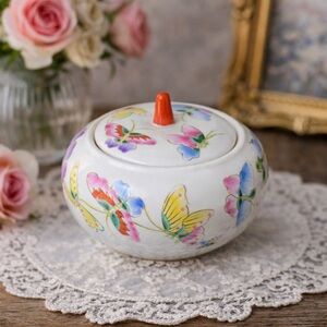 Vintage Hand Painted Butterfly Trinket Dish | Asian Porcelain Jewelry Box